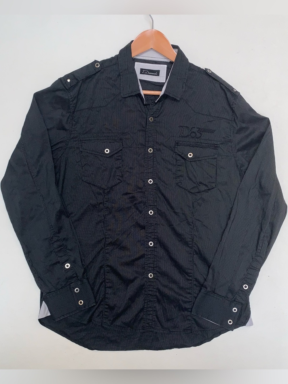 7 Diamonds Black Lightweight Button-Up Shirt Embroidered Black Sz L Western Snap